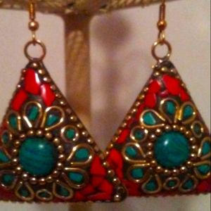 TURQUOISE AND CORAL DANGLE EARRINGS IN BRASS